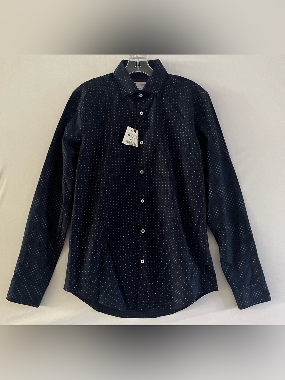 Zara New With Tags Navy Micro Dot Slim Fit Button Down Shirt NWT